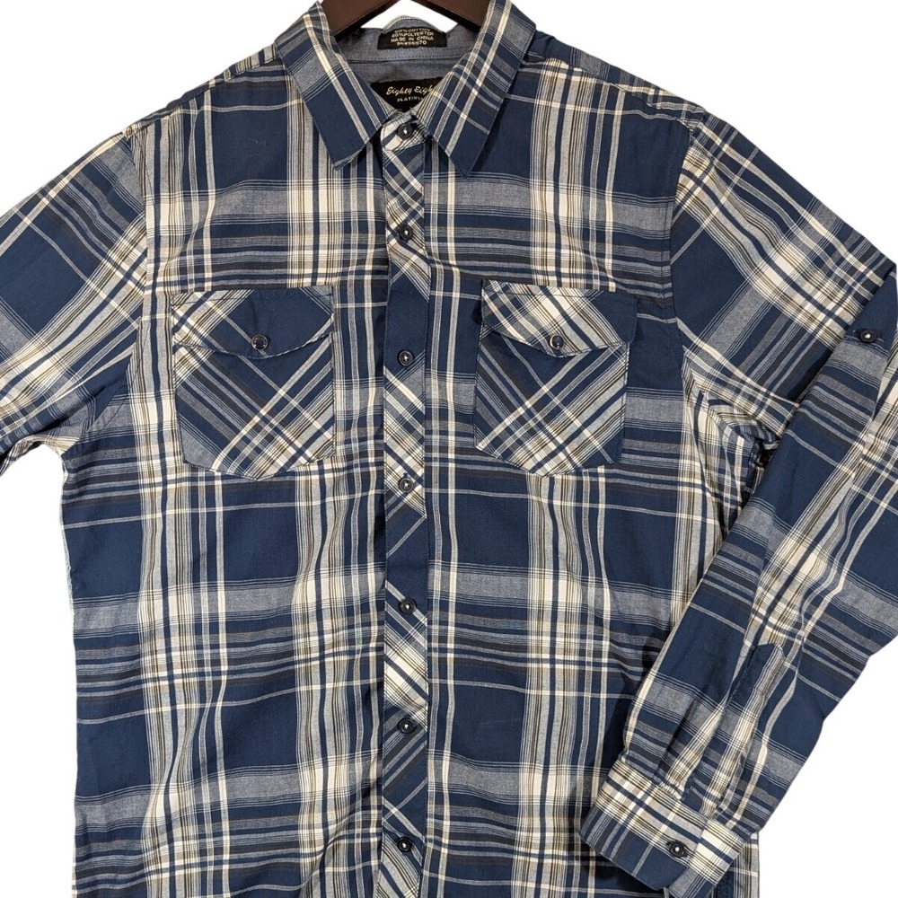 Eighty Eight Button Up Shirt Men's L Blue White Pearl Snap Plaid Long Sleeve